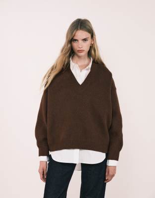 Asos Design Extreme Boxy V-neck Structured Sweater In Brown