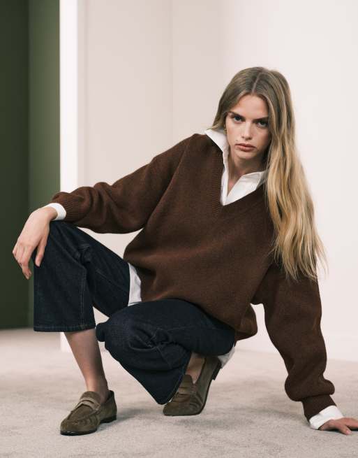 ASOS DESIGN extreme boxy V-neck structured sweater in chocolate