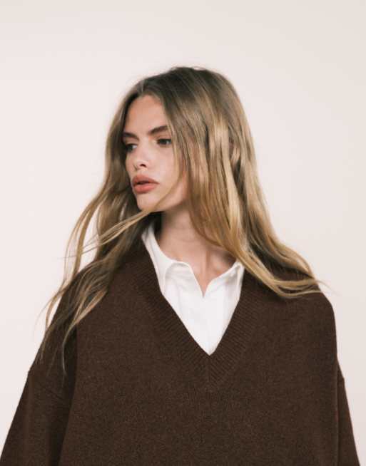 ASOS DESIGN extreme boxy V-neck structured sweater in chocolate