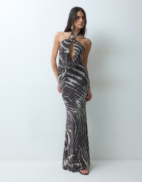 ASOS DESIGN extreme cowl sleek mesh maxi dress in zebra