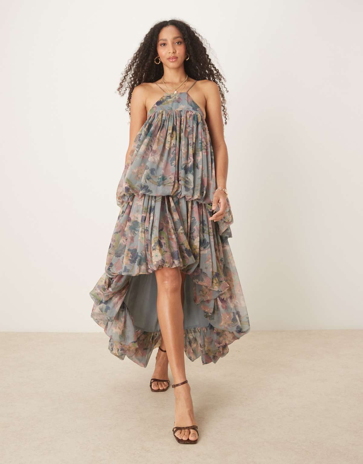 ASOS DESIGN extreme double puff strappy maxi dress with high low hem in floral print