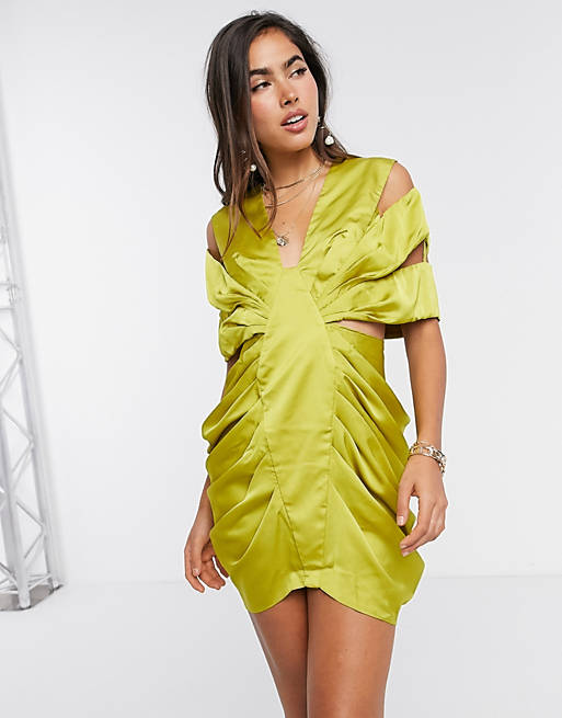 ASOS DESIGN extreme drape satin mini dress with cut out detail in olive