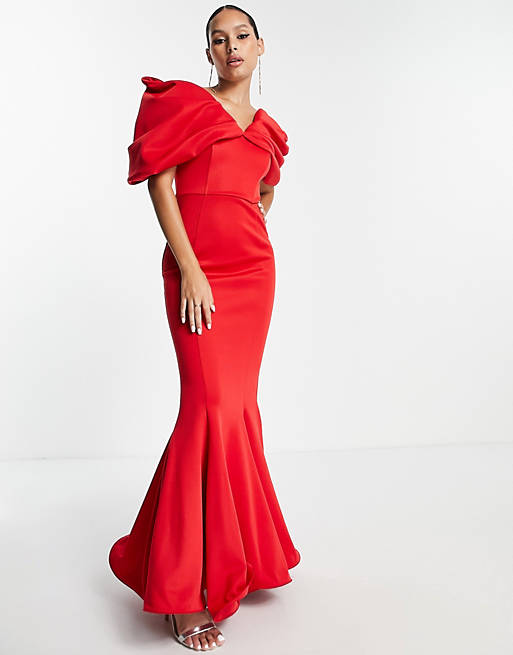 ASOS DESIGN extreme drape sleeve wide hem maxi dress in red | ASOS
