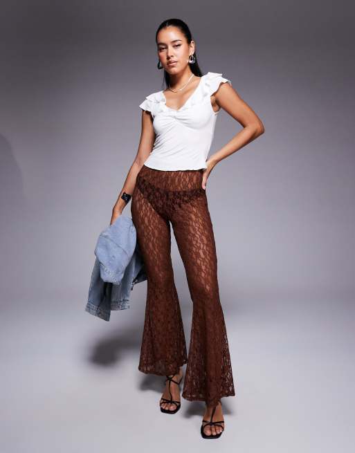 ASOS DESIGN extreme flare high waist sheer lace pants in brown, 2 of 5