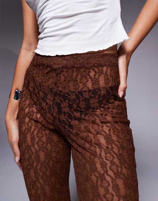 ASOS DESIGN extreme flare high waist sheer lace pants in brown, 4 of 5