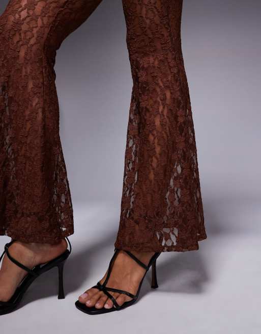 ASOS DESIGN extreme flare high waist sheer lace pants in brown, 5 of 5