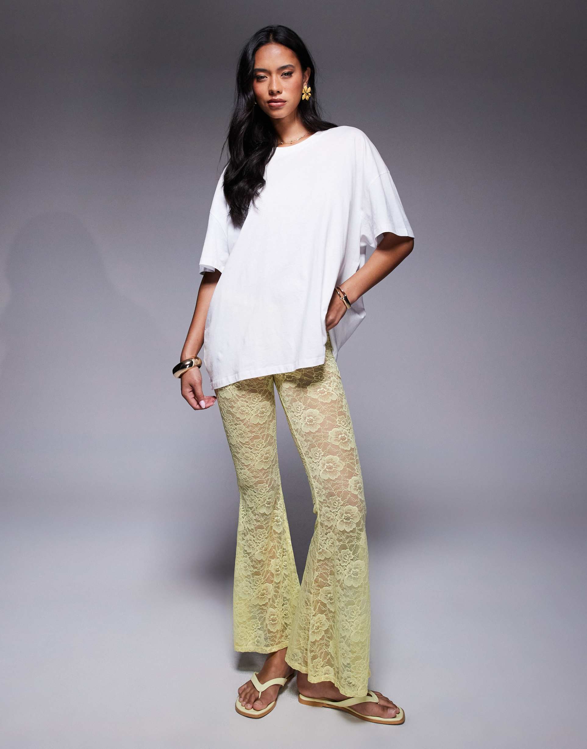 asos design extreme flare high waist sheer lace pants in yellow