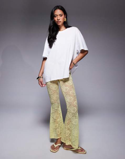ASOS DESIGN extreme flare high waist sheer lace trouser in yellow - view 1