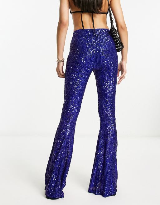 Free People Sequin Slim Pull On Flare Pants in Blue