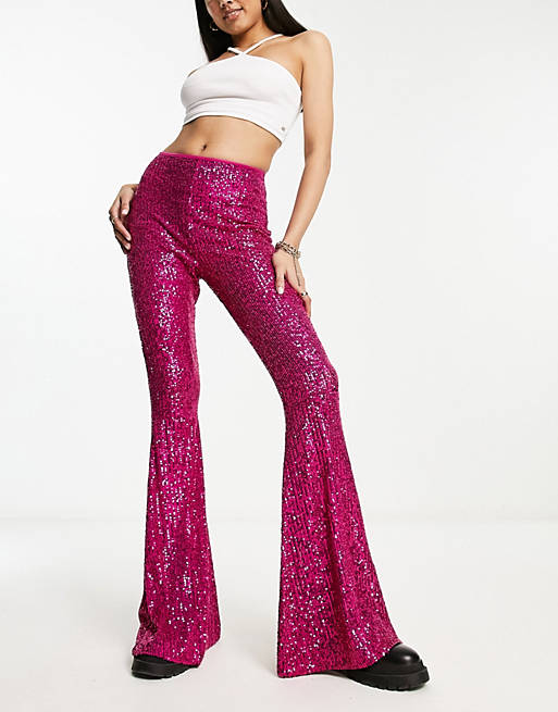 ASOS DESIGN extreme flare sequin pants in pink | ASOS