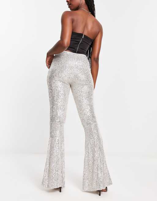 Silver Sequin Flare Pants, Pants