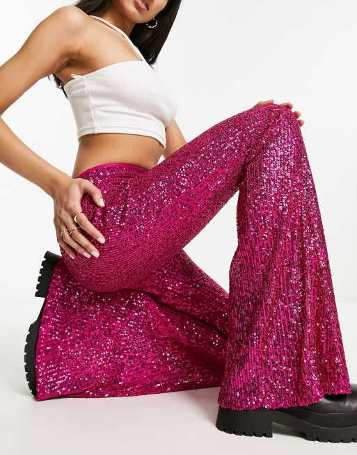 ASOS DESIGN extreme flare sequin trouser in pink ASOS