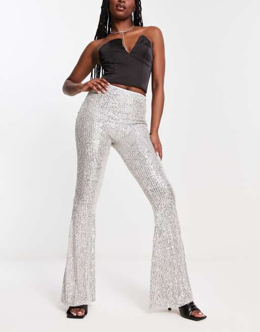 ASOS DESIGN extreme flare sequin trouser in silver