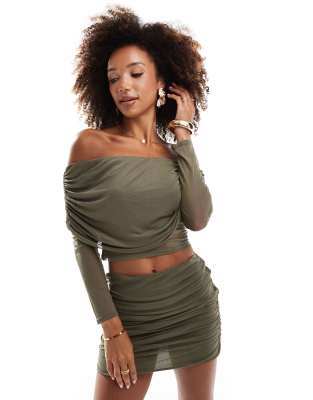 Asos Design Extreme Fold-over Bardot Long Sleeve Mesh Top In Khaki - Part Of A Set-green