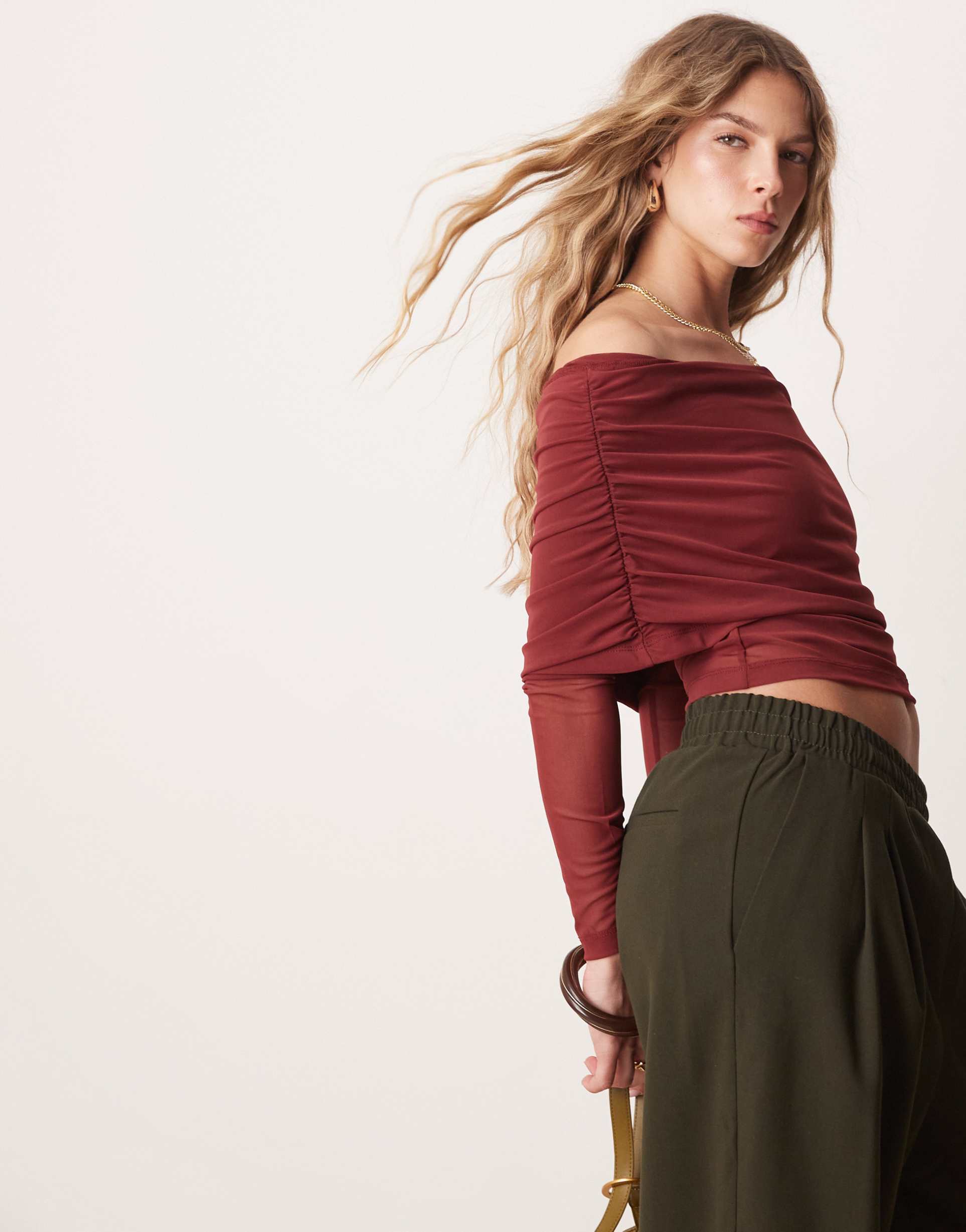 asos design extreme foldover mesh asymmetric long sleeve top in fig