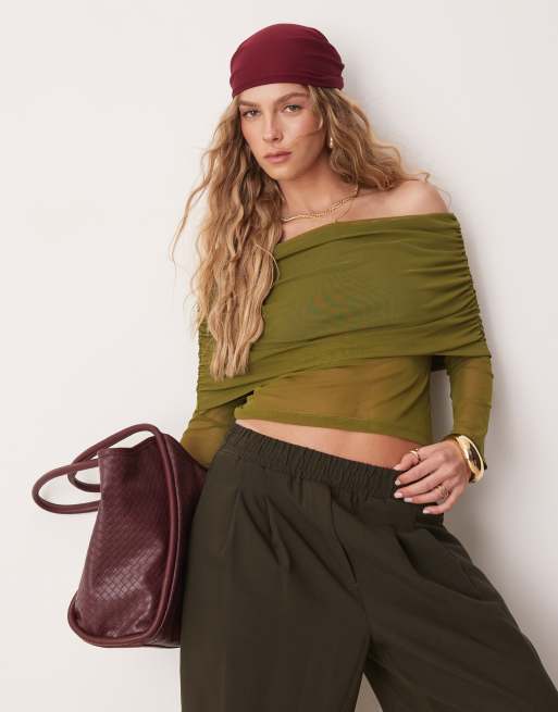ASOS DESIGN extreme foldover mesh asymmetric long sleeve top in olive, 4 of 4