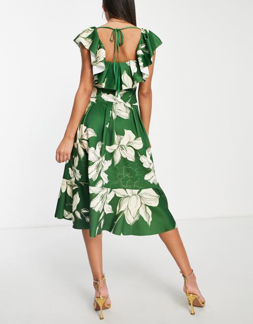 ASOS DESIGN extreme frill square neck prom midi dress in green floral print