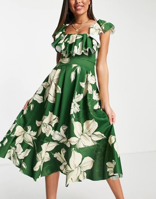 ASOS DESIGN extreme frill square neck prom midi dress in green floral print