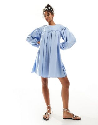 Asos Design Extreme Gathered Smock Mini Dress With Exaggerated Sleeve And Bow Back In Blue