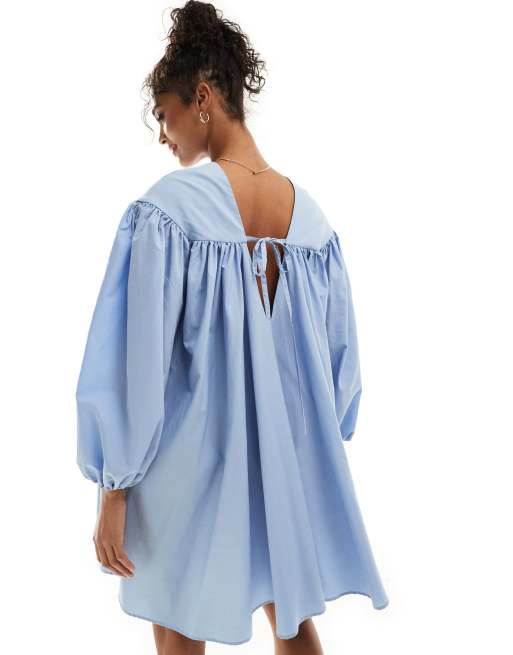 ASOS DESIGN extreme gathered smock mini dress with exaggerated sleeve and bow back in blue, 3 of 4
