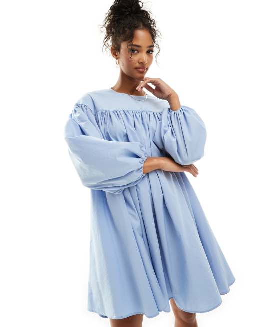 ASOS DESIGN extreme gathered smock mini dress with exaggerated sleeve and bow back in blue, 4 of 4