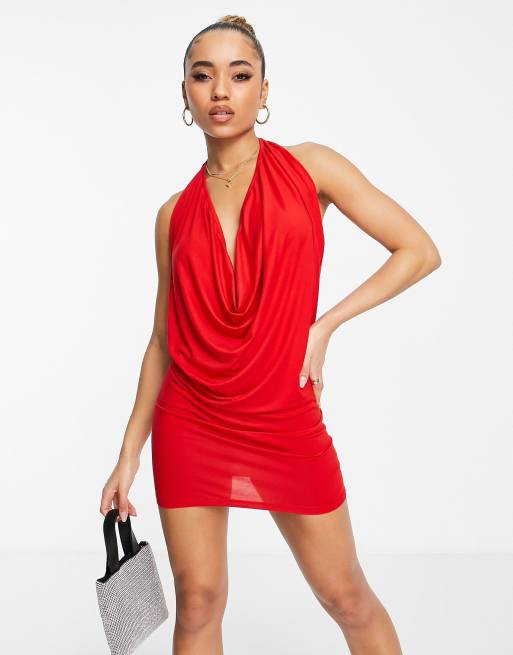 ASOS DESIGN extreme halter cowl mini dress in red