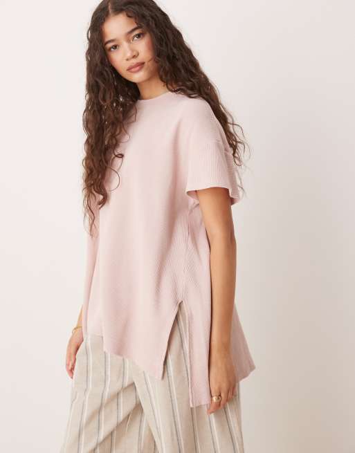 ASOS DESIGN extreme hem oversized waffle T-shirt in washed pink, 2 of 4
