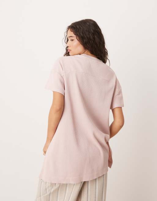 ASOS DESIGN extreme hem oversized waffle T-shirt in washed pink, 3 of 4