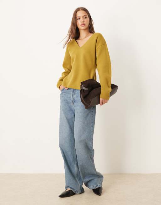 ASOS DESIGN extreme low V-neck waisted top in green