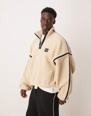 ASOS DESIGN ASOS DESIGN extreme oversize boxy fleece jumper with half zip and embroidery in ecru borg-Neutral