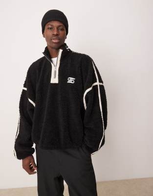 Asos Design Extreme Oversize Boxy Fleece Sweater With Half Zip And Embroidery In Black Borg