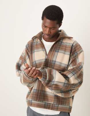 Asos Design Extreme Oversize Boxy Sweater With Funnel Neck In Brown Check-multi