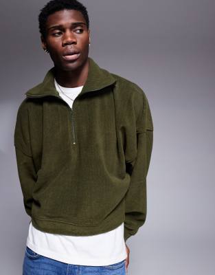 Asos Design Extreme Oversize Cropped Teddy Sweater With Half Zip Neck In Khaki-green