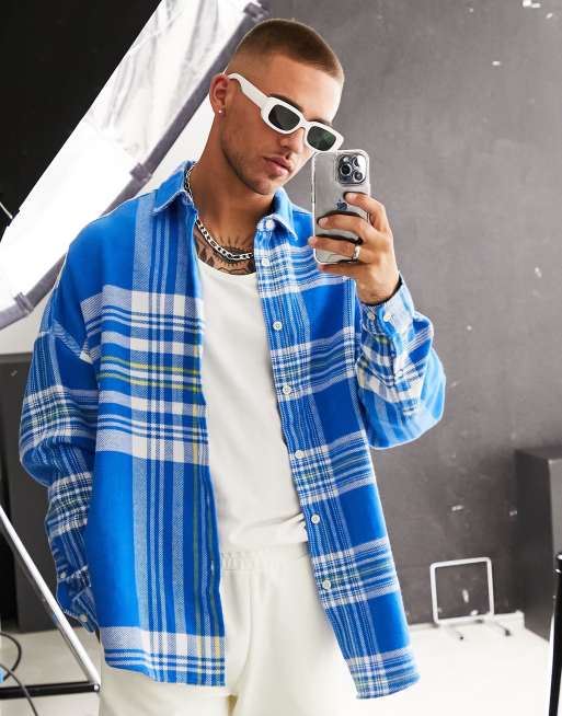 ASOS DESIGN extreme oversize shirt in blue flannel mixed scale patchwork tartan check