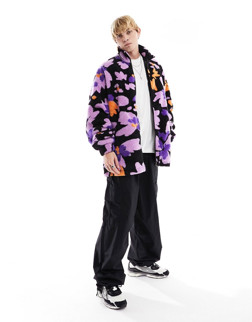 Asos Design Extreme Oversized Borg Fleece Coach Jacket In Floral Print-purple
