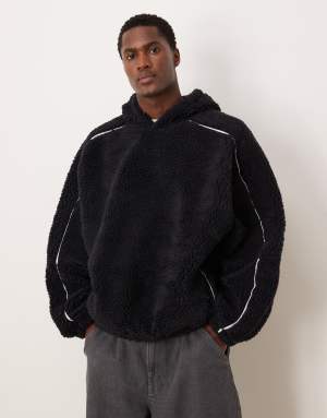 ASOS DESIGN extreme oversized borg hoodie with piping in navy