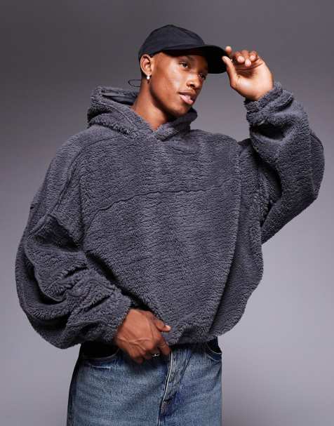 ASOS DESIGN extreme oversized boxy borg hoodie with contrast detail in gray - view 1