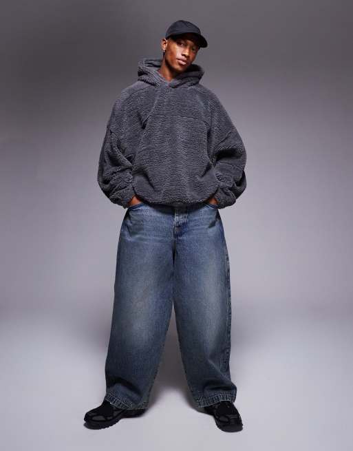 ASOS DESIGN extreme oversized boxy borg hoodie with contrast detail in grey, 2 of 4