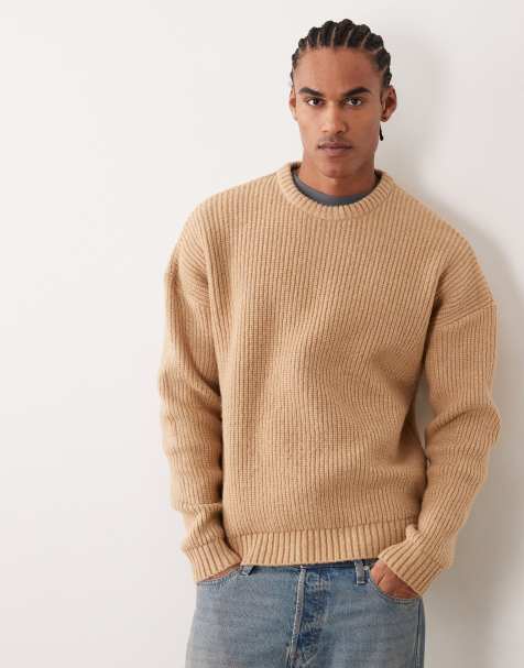 ASOS DESIGN&nbsp; super oversized boxy fit knitted fisherman rib jumper in beige