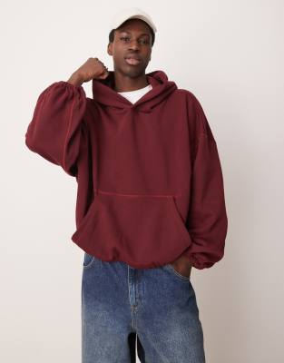 extreme oversized boxy hoodie with underarm panels in burgundy-Red