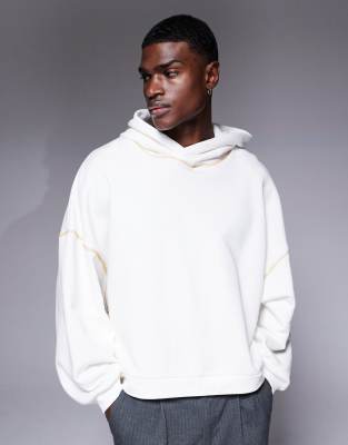 ASOS DESIGN extreme oversized boxy hoodie with wide hood and contrast seems in ecru-White