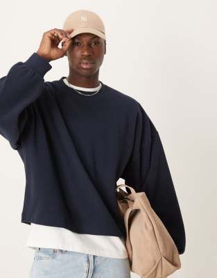 extreme oversized boxy long sleeve T-shirt in brushed rib in navy