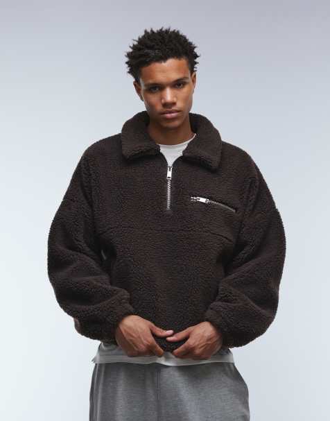 ASOS DESIGN extreme oversized boxy quarter zip borg sweatshirt with drop shoulder and collar in brown - view 1