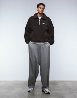 Asos Design Extreme Oversized Boxy Quarter Zip Borg Sweatshirt With Drop Shoulder And Collar In Brown
