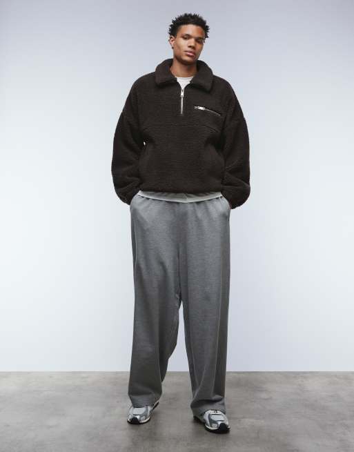 ASOS DESIGN extreme oversized boxy quarter zip borg sweatshirt with drop shoulder and collar in brown, 2 of 5
