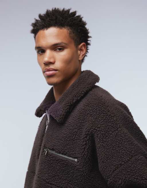 ASOS DESIGN extreme oversized boxy quarter zip borg sweatshirt with drop shoulder and collar in brown, 4 of 5