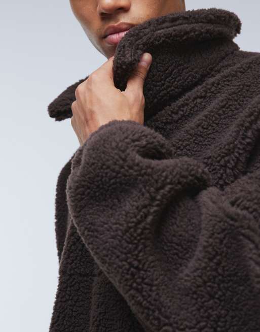 ASOS DESIGN extreme oversized boxy quarter zip borg sweatshirt with drop shoulder and collar in brown, 5 of 5