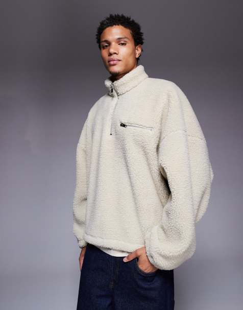 ASOS DESIGN extreme oversized boxy quarter zip funnel neck fleece sweatshirt in beige - view 1