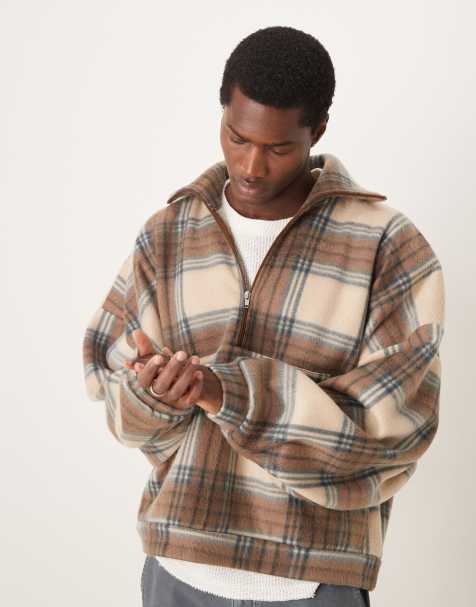 ASOS DESIGN extreme oversized boxy sweater with funnel neck in brown plaid - view 1