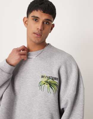 extreme oversized boxy sweatshirt with floral embroidery in gray heather